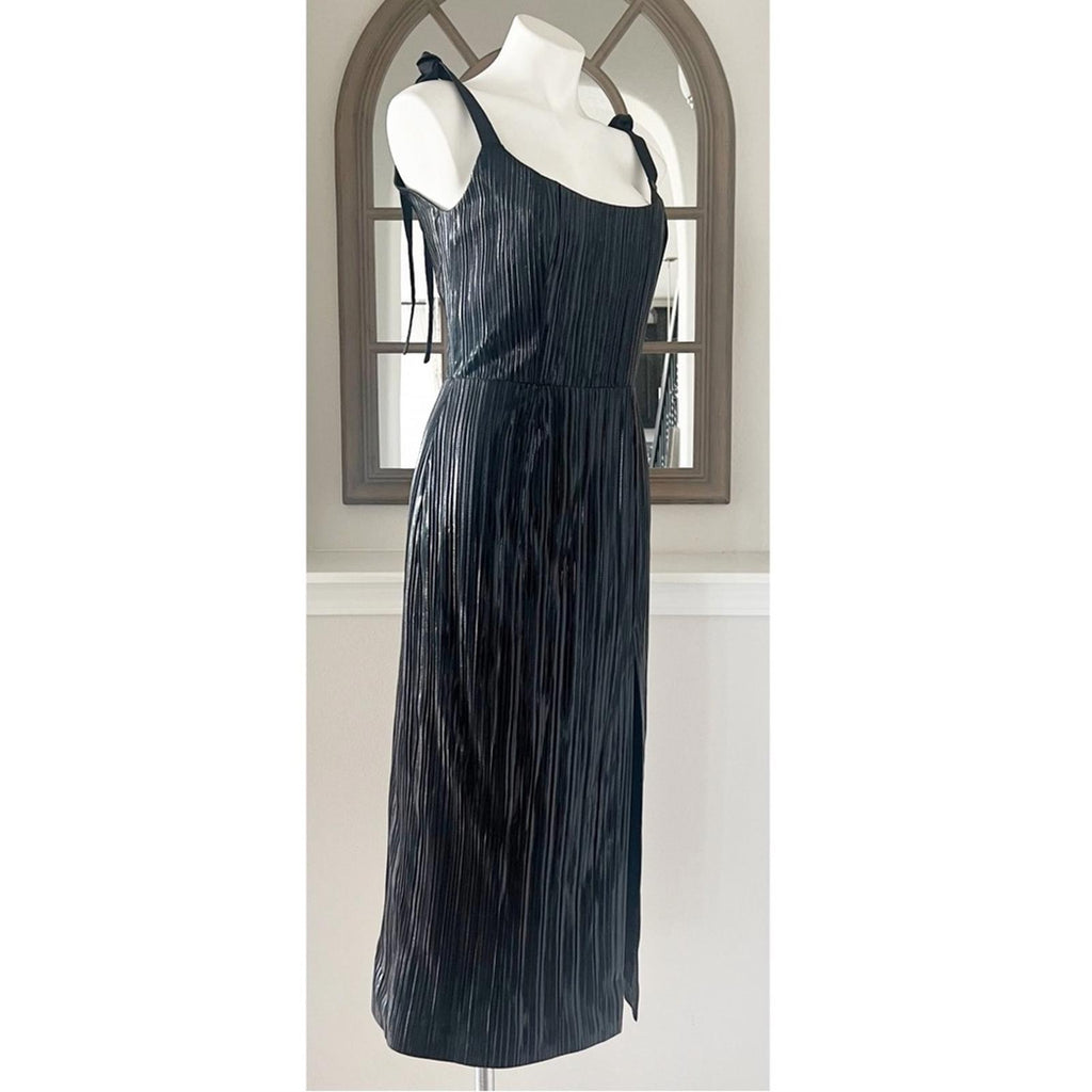 Markarian Imogen Pleated Midi Dress in Black Lame, NWT, Size 6, Retail $1695