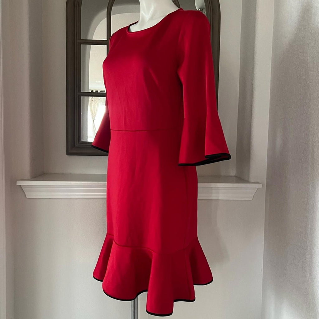 NY & Co Stretch Red Bell-Sleeve Dress w/Black Trim, Size M