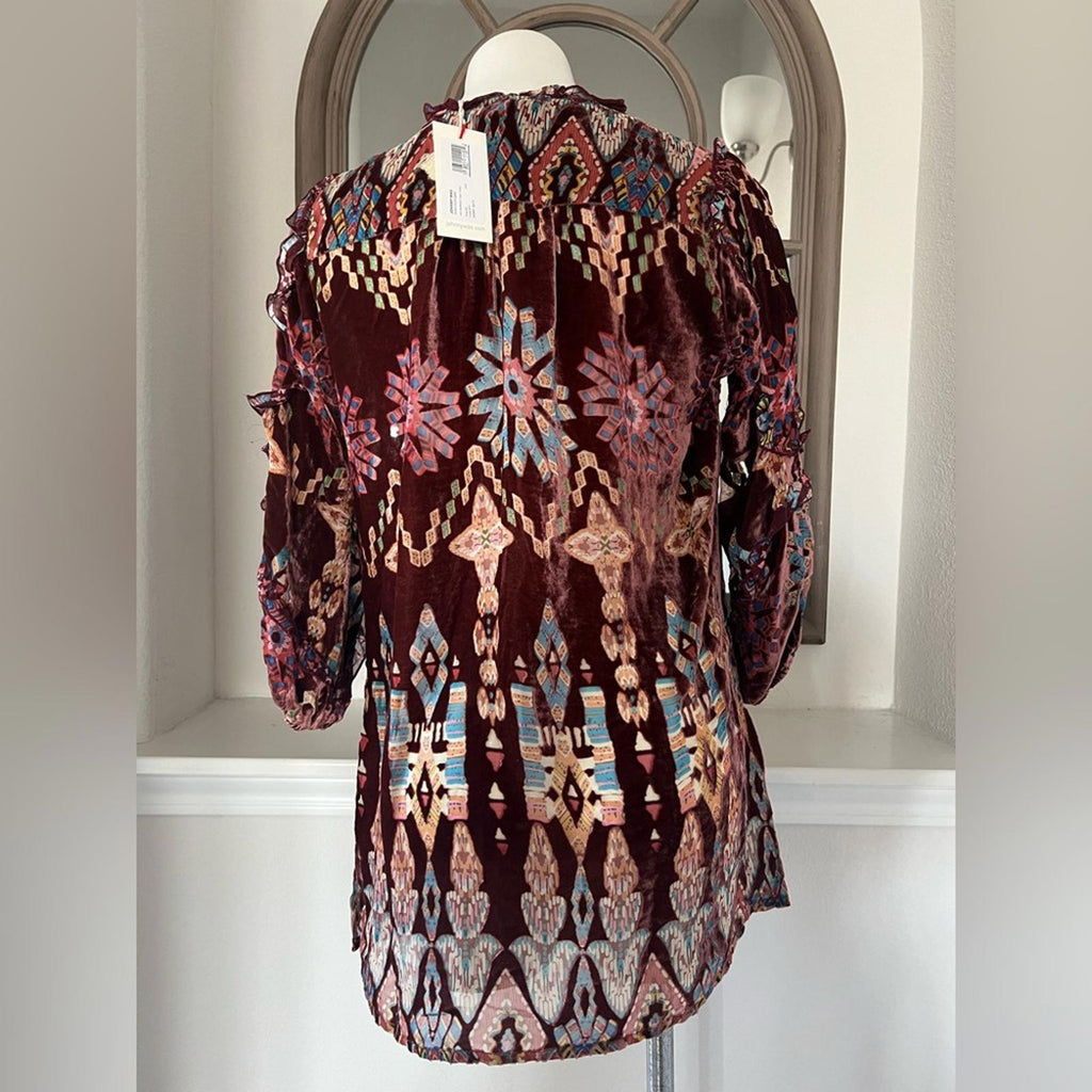 NEW Johnny Was ‘Mali’ Silk & Velvet Tunic, Red Size XS New w/Tag Retail $375