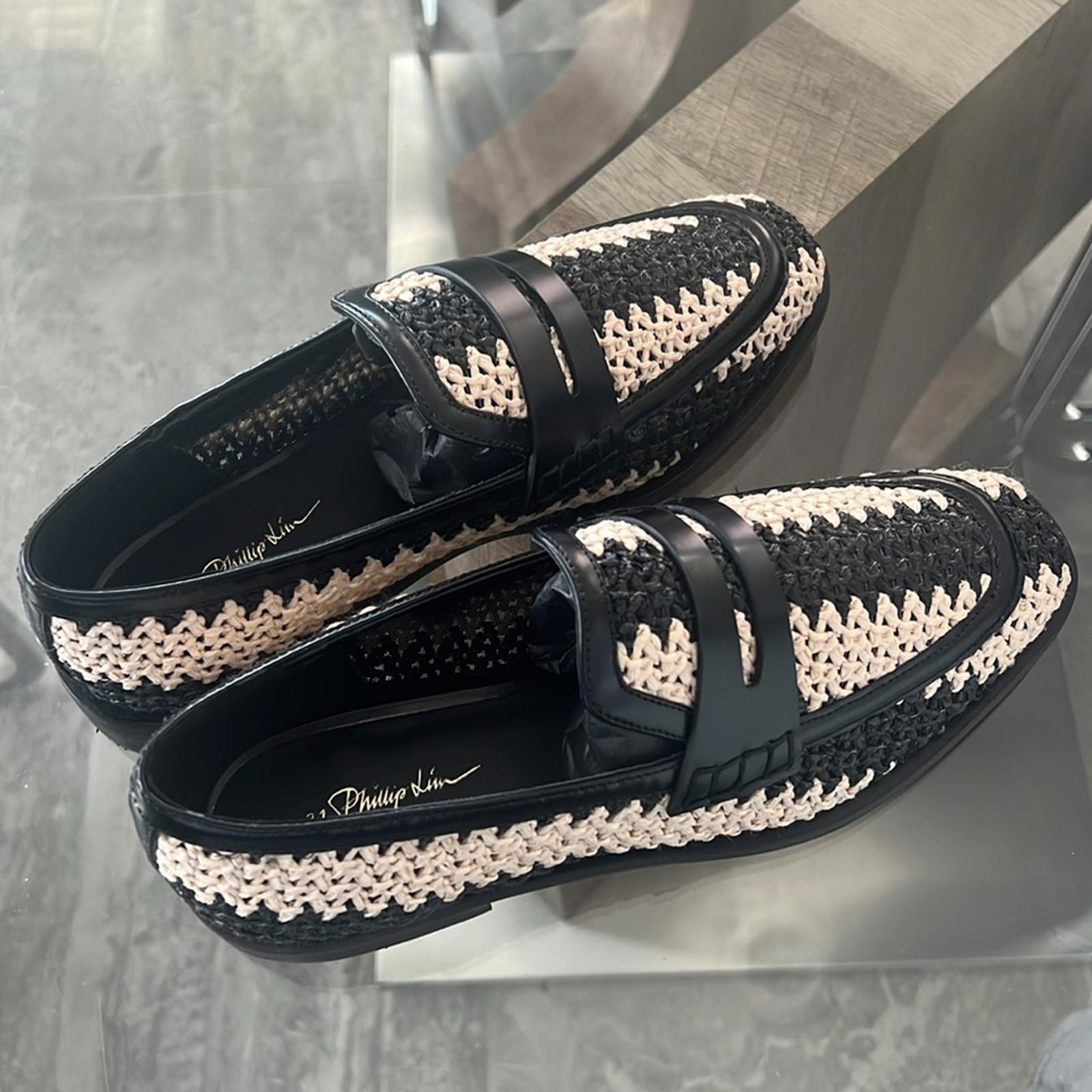 3.1 Phillip Lim Alexa Raffia & Leather Penny Loafers in Antique White/Black NEW