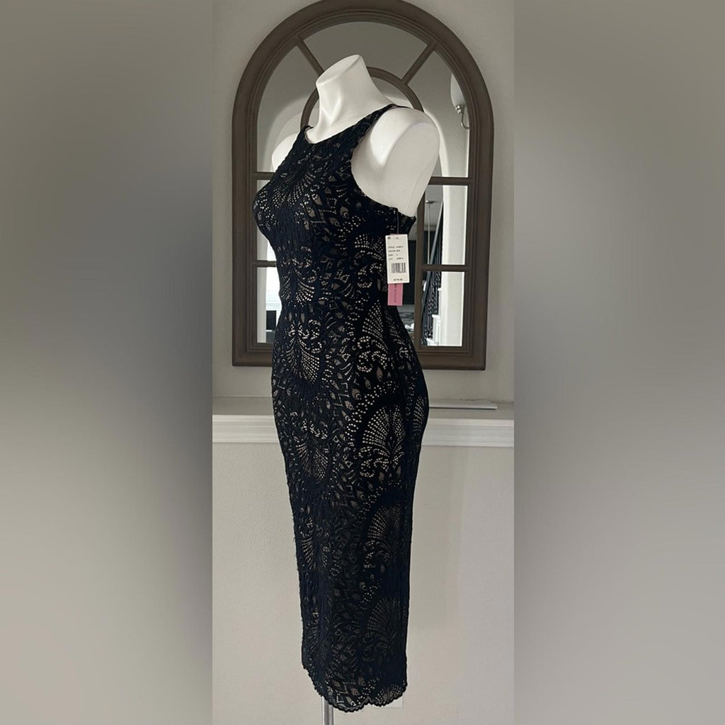 Aqua Lace Halter Midi Dress in Black/Nude, NWT, Size 2, Retail $278