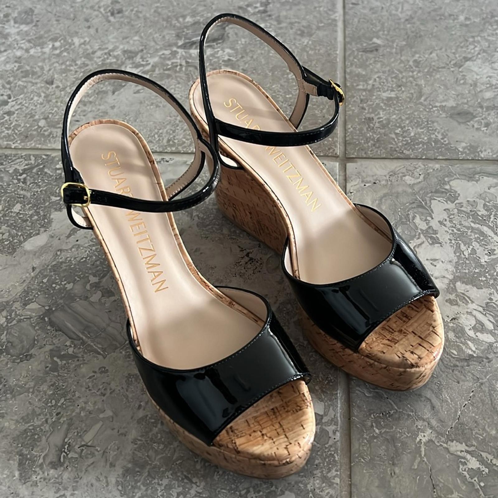 Stuart Weitzman Palmina Platform Wedge Sandals, Black Size 37.5/7 NEW + DustBag