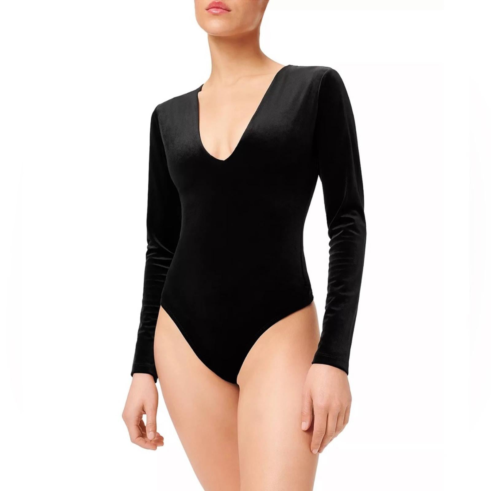 Good American Velvet Deep V-Neck Bodysuit, Black Size 4 (XL) New w/Tag