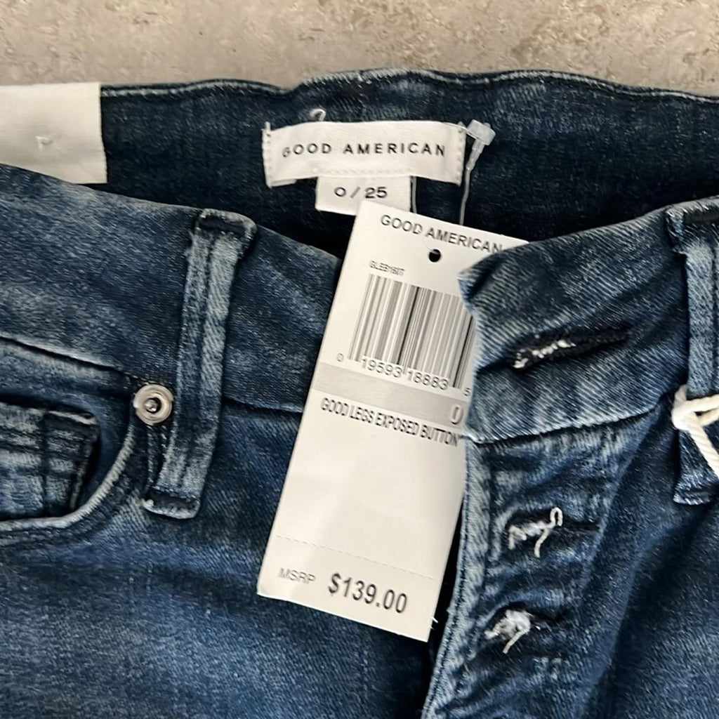 Good American Skinny High Rise Button Fly Ankle Jeans in Blue Size 0/25 New wTag