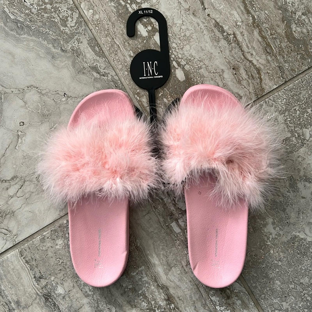 INC Faux-Marabou Slide Slippers in Pink , Size XL 11/12 New w/Tag