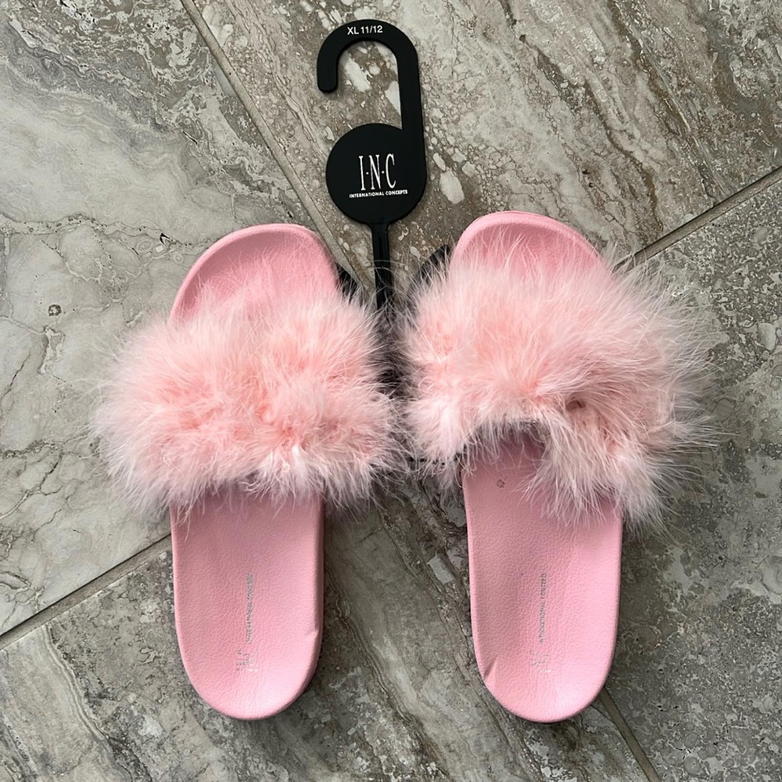INC Faux-Marabou Slide Slippers in Pink , Size XL 11/12 New w/Tag