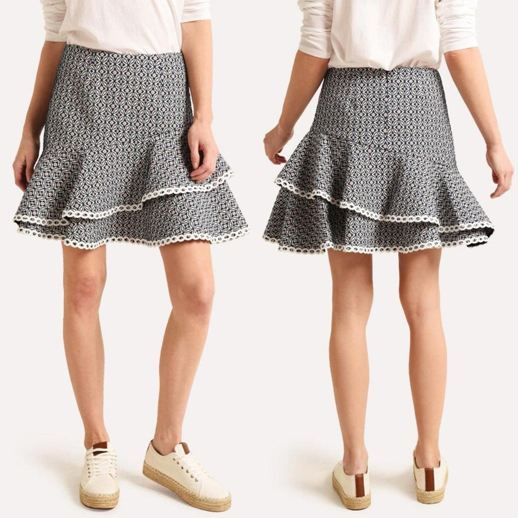 ML Monique Lhuillier Jacquard Ruffle Skirt, Navy Multi Size 0 New w/Tag $395