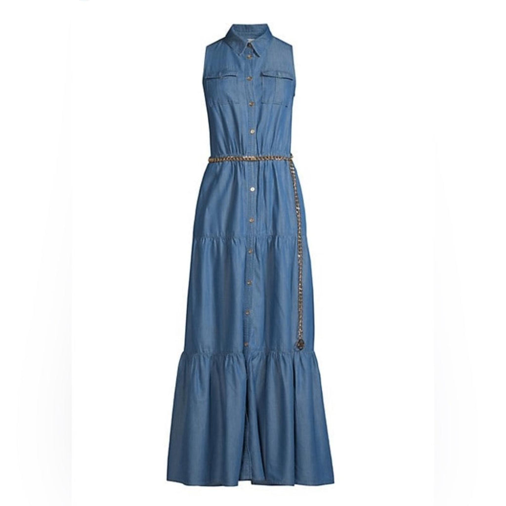 Michael Kors Chambray Tiered Ankle Dress in Light Cadet Wash, Size XS NWT $195