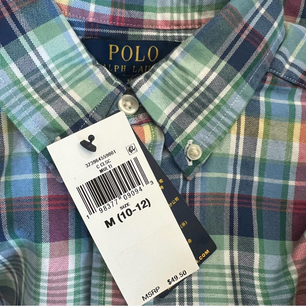 Ralph Lauren Plaid Oxford Short-Sleeve Shirt in Blue Multi, Size M(10-12), NWT
