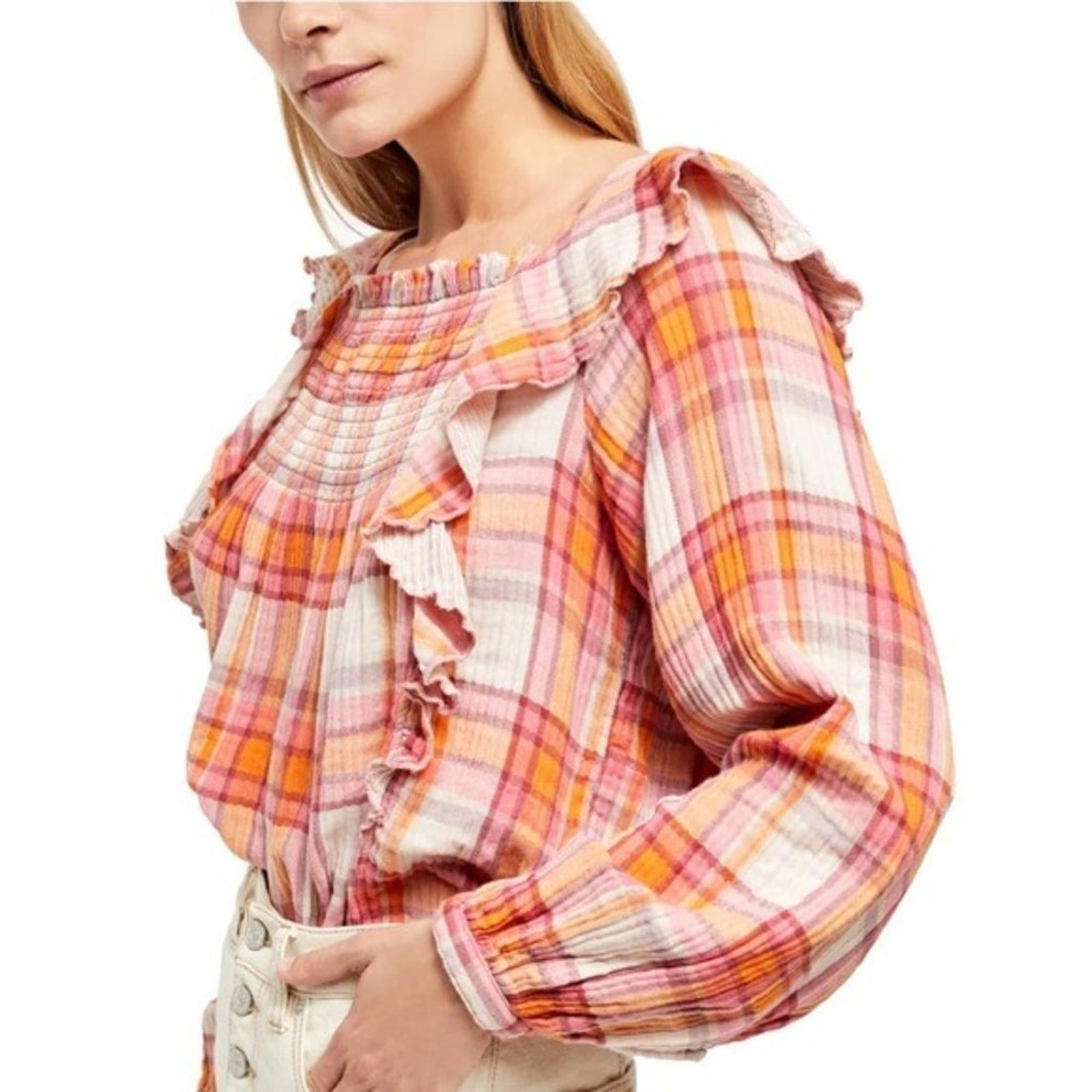 Free People Siena Plaid Long Sleeve Ruffle Top Cotton Size S New w/Tag
