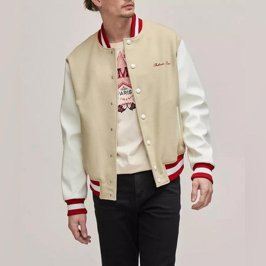 Balmain Embroidered Cursive Logo Letterman Jacket, Size IT 54 New w/Tag