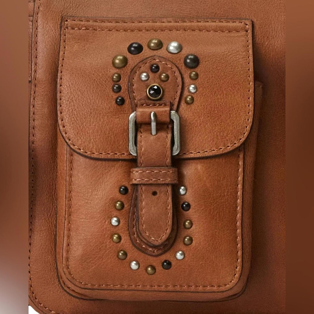 Ralph Lauren Studded Leather Noa Crossbody with Front Pockets, Brown, New w/Tag