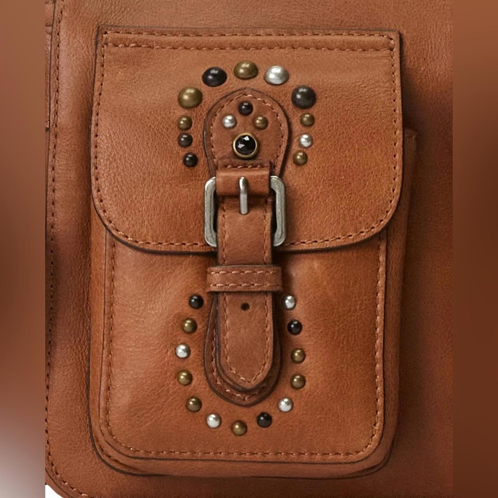 Ralph Lauren Studded Leather Noa Crossbody with Front Pockets, Brown, New w/Tag