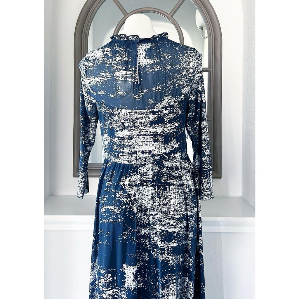 TED BAKER Iggiey Metallic Burnout Midi Dress, 3/4 Sleeves Navy Size 4 US 10 NWT