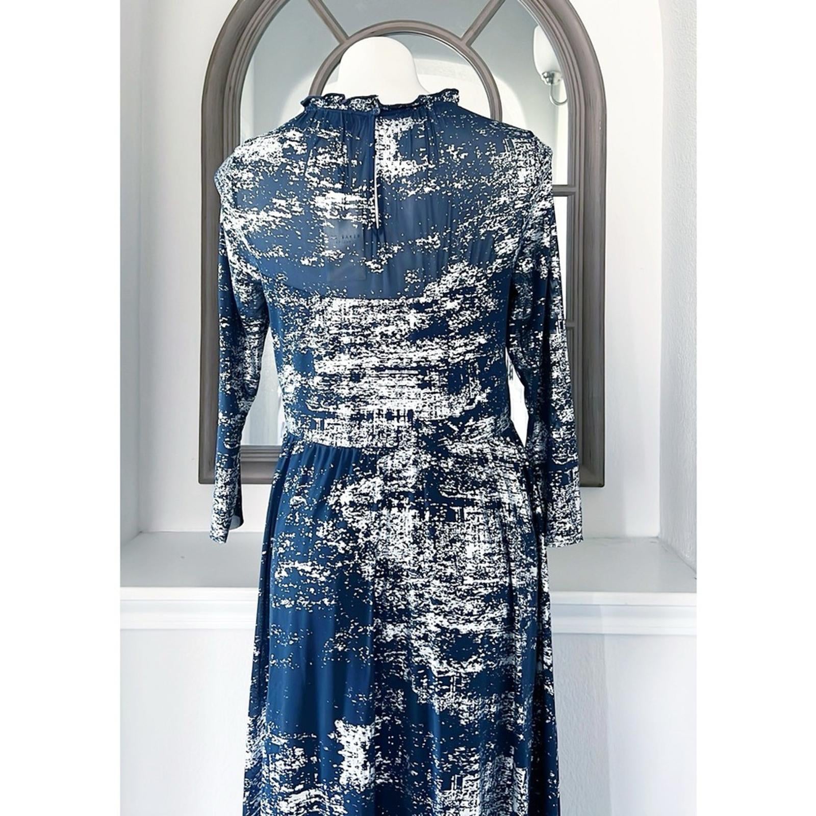 TED BAKER Iggiey Metallic Burnout Midi Dress, 3/4 Sleeves Navy Size 4 US 10 NWT