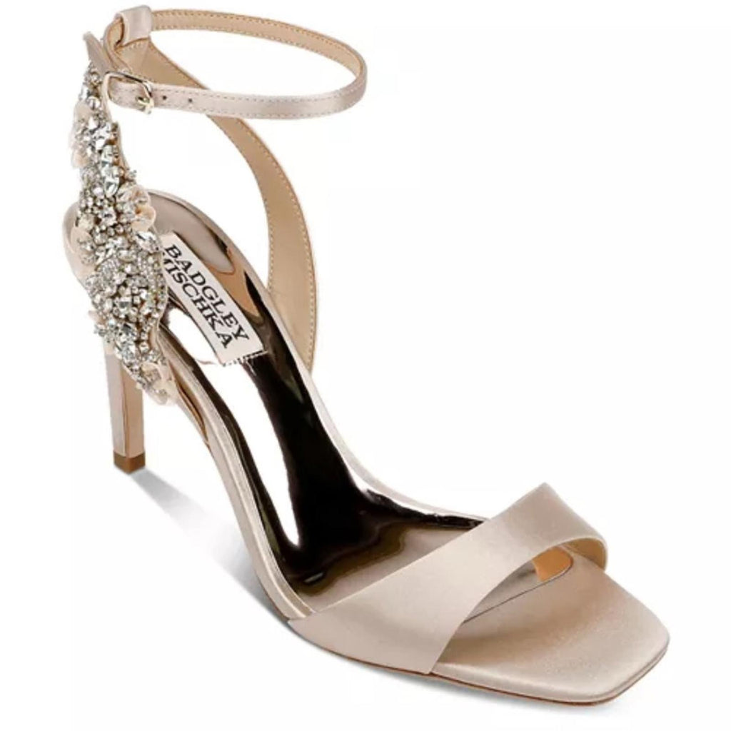 Badgley Mischka Tisha Embellished Heeled Sandals in Nude Satin, Size 8 NEW $245
