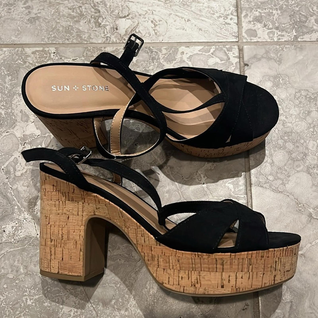 Sun+Stone Jillien Platform Block Heel Dress Sandals in Black, Size 11 New in Box