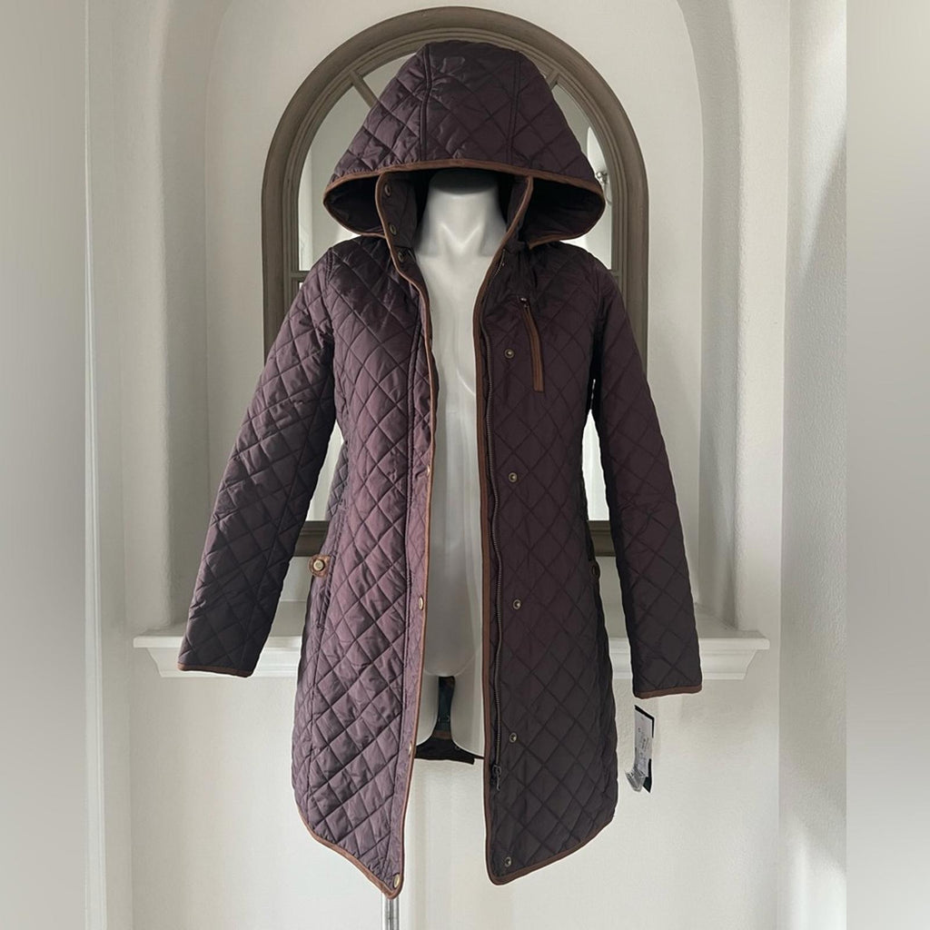 Lauren Ralph Lauren Faux-Leather-Trim Hooded Quilted Coat, Size S New w/Tag