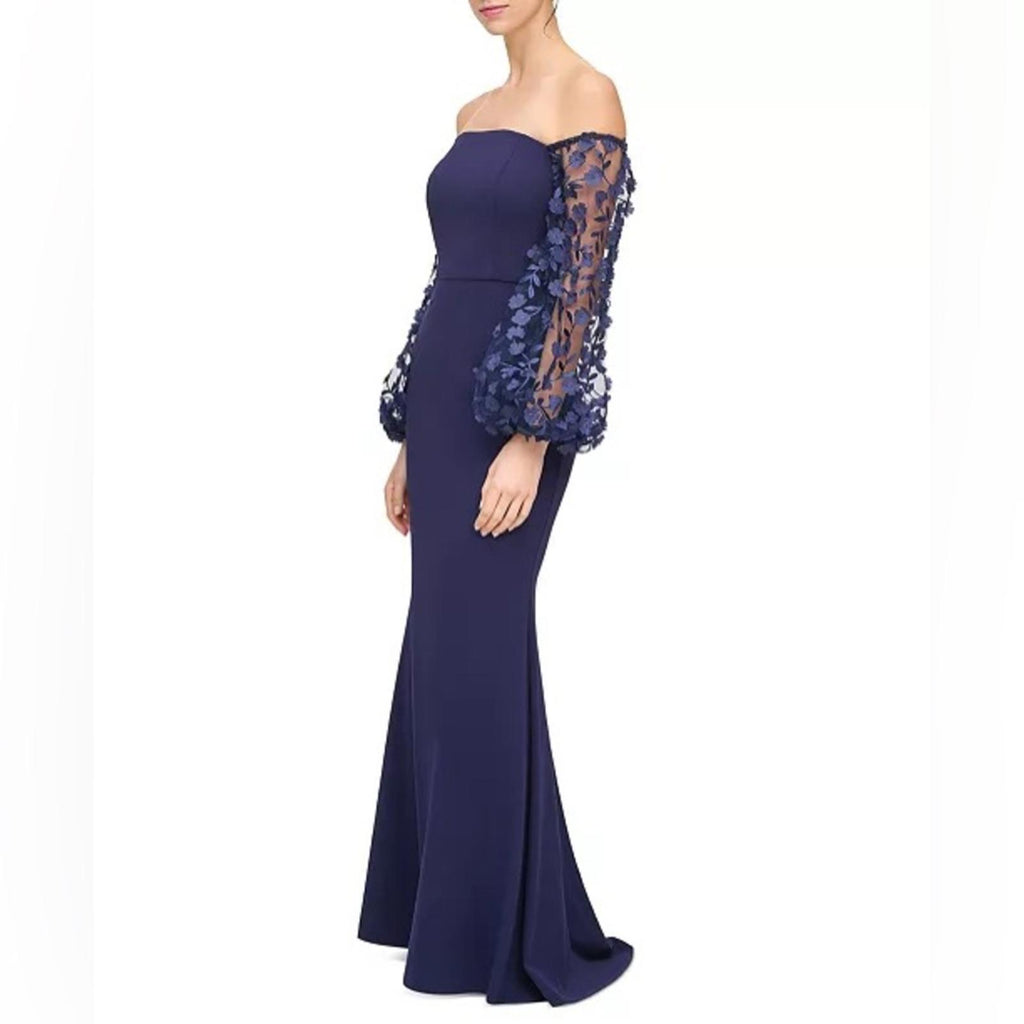 Eliza J. Off-the-Shoulder Mesh-Sleeve Gown in Navy, Size 4, New w/Tag