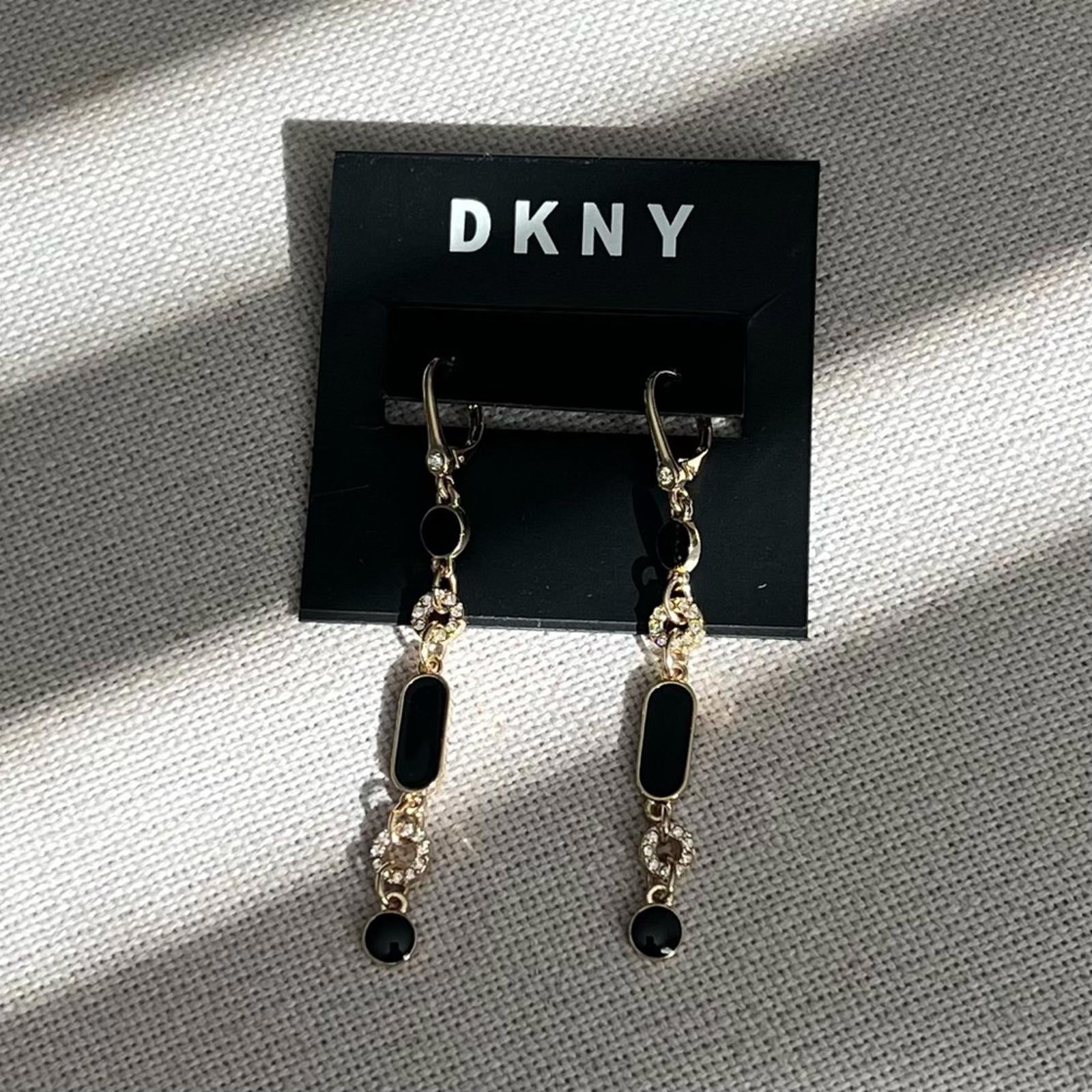 DKNY Gold-Tone Pave Circle & Jet Resin Linear Drop Earrings Black/Gold New w/Tag