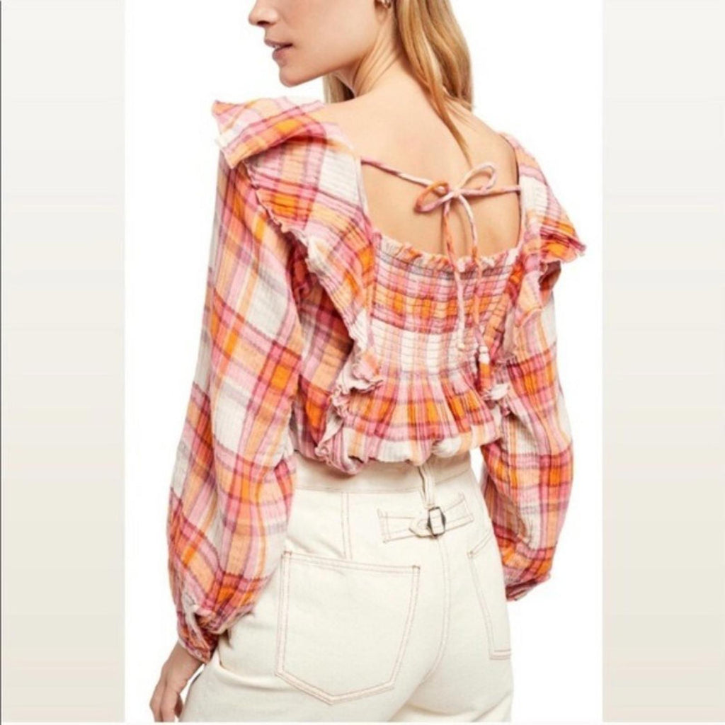 Free People Plaid Ruffle Top Long Sleeve Size L NWT $118.00