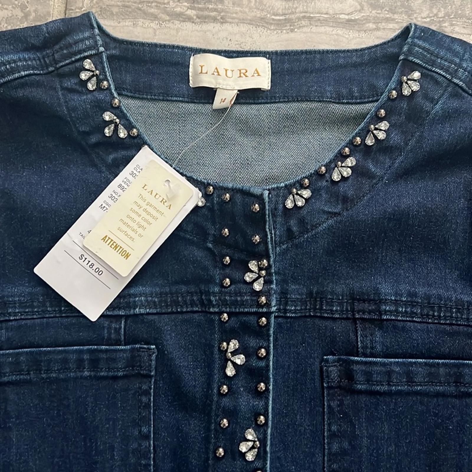 LAURA Embellished Snap-Button Front Jean Jacket, Blue Size 14 New w/Tag
