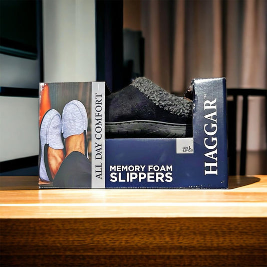 NEW Haggar Men's Faux-Suede Clog Slippers in Black, Size L (9.5-10.5) New in Box