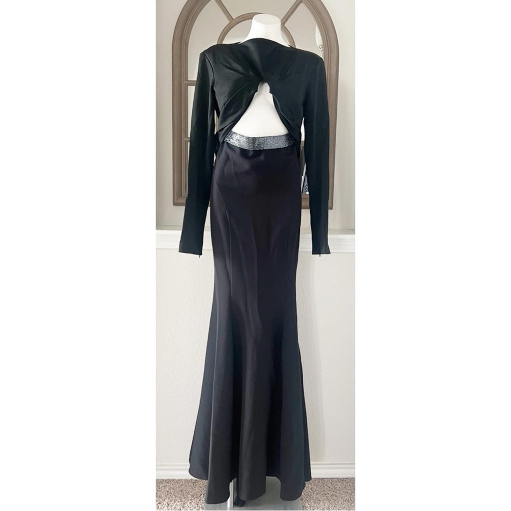 Safiyaa BLACK Cutout Beaded Belt Gown with Gun Metal New