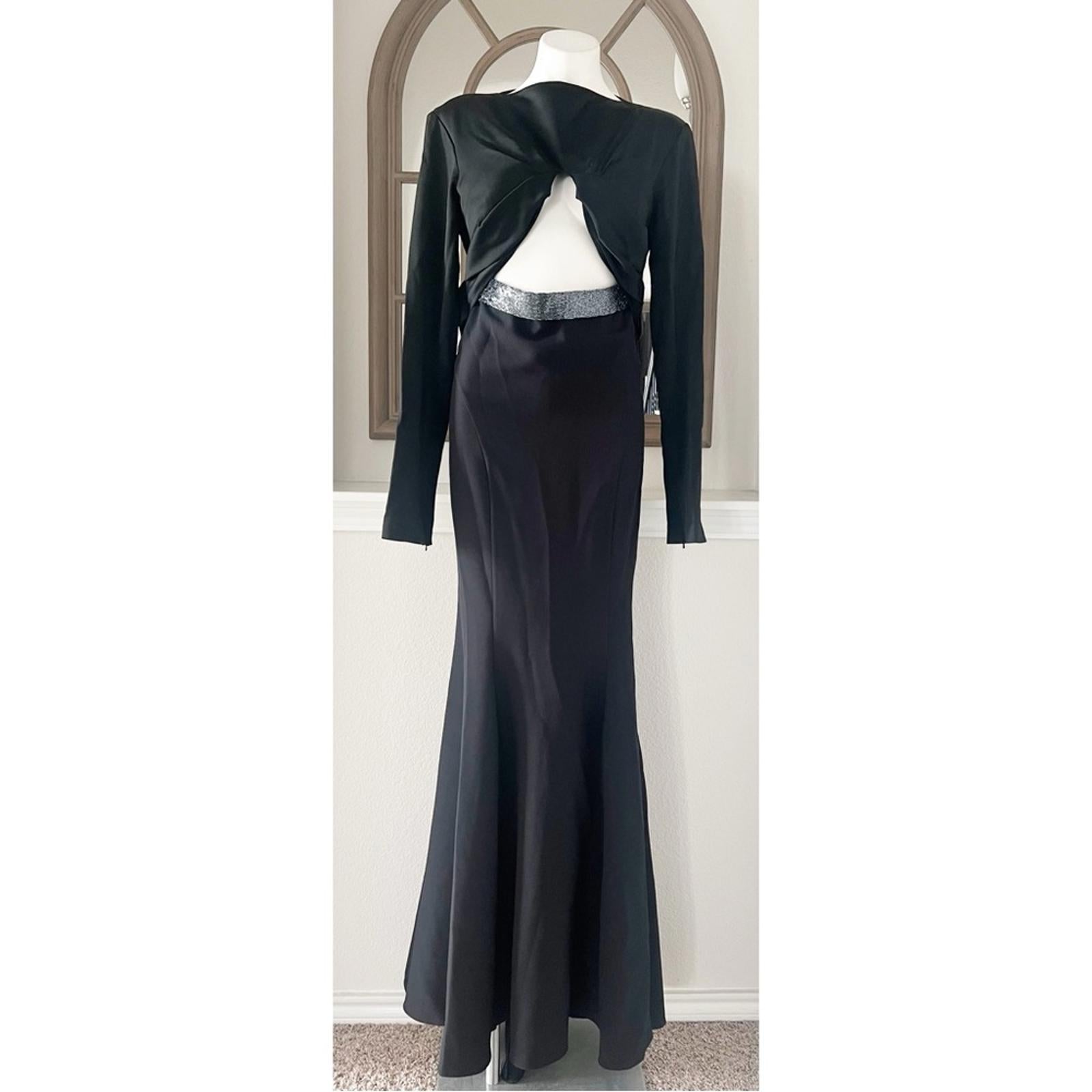 Safiyaa BLACK Cutout Beaded Belt Gown with Gun Metal New