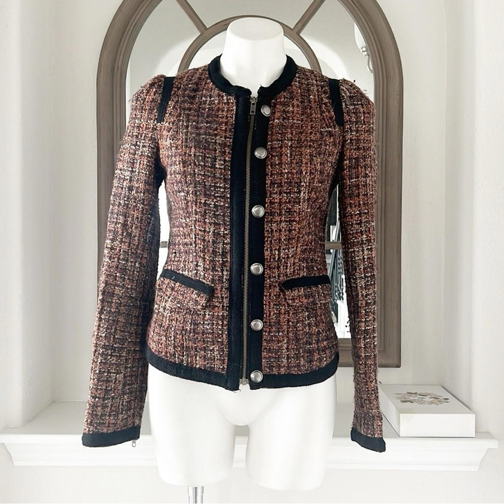 Free People Tweed Moto Jacket, Wool Brown/Purple w/Black Trim Size 4 Retail $198