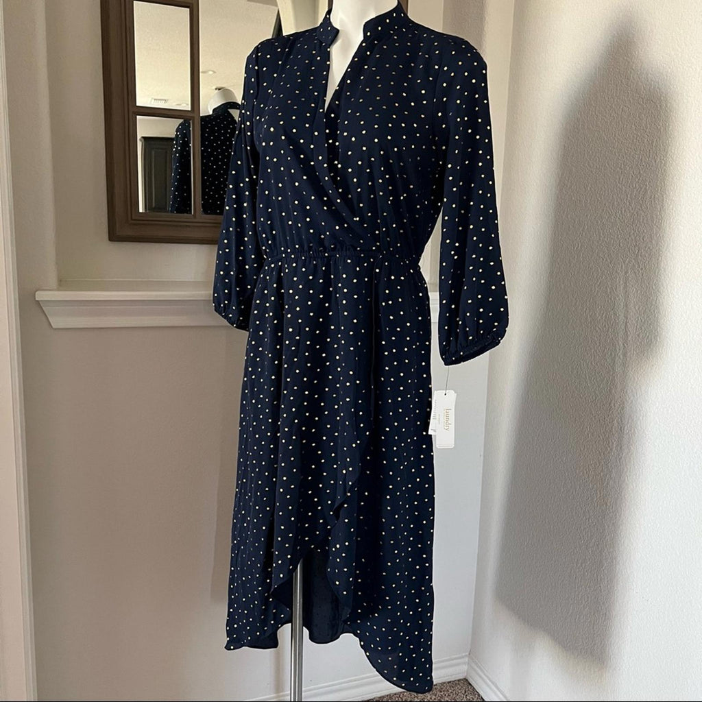 Laundry Faux Wrap Hi-Low Hem Maxi Dress in Navy/Gold Stars, NWT