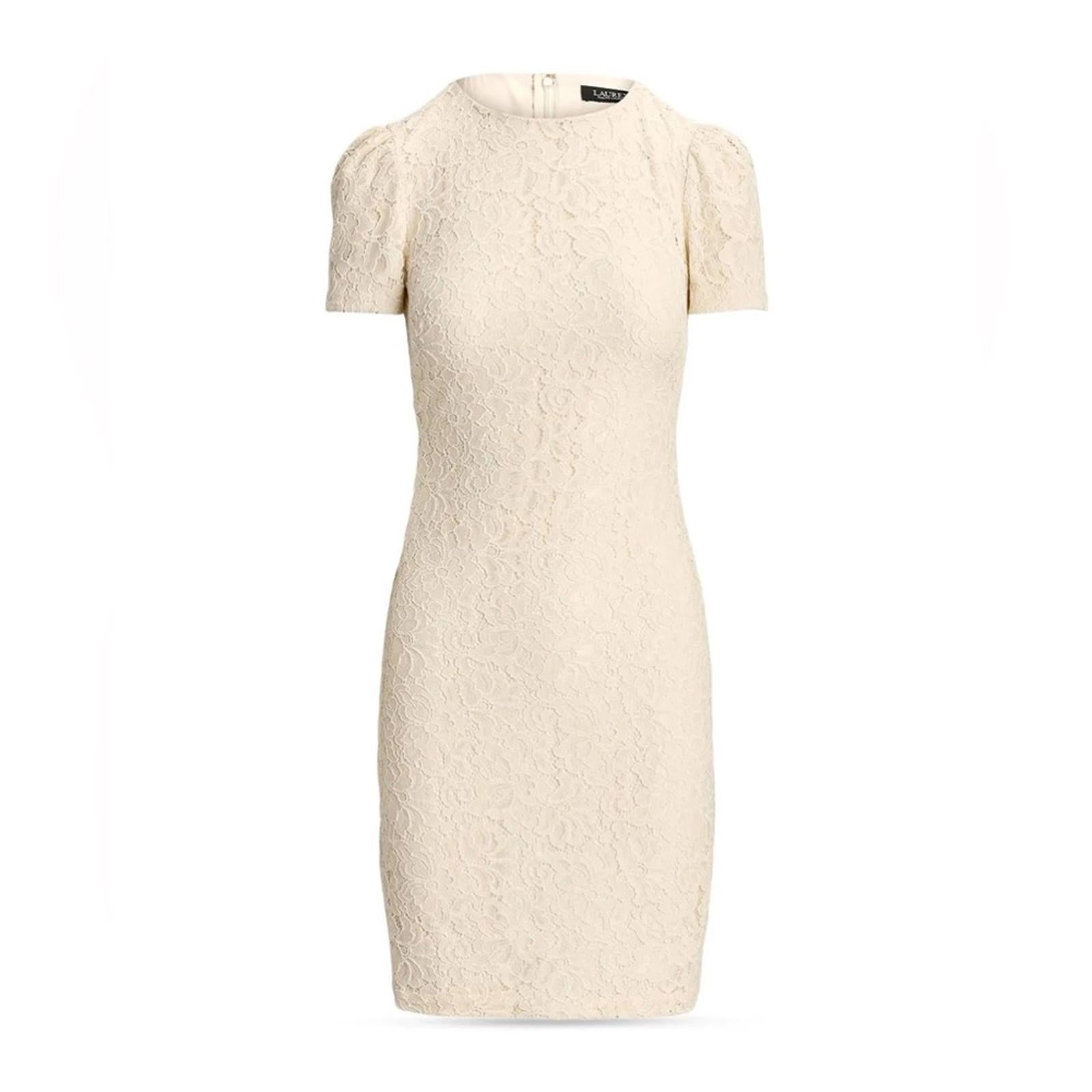 Lauren Ralph Lauren Winter Cream Puff-Sleeve Lace Cocktail Dress Size 4 NWT $225