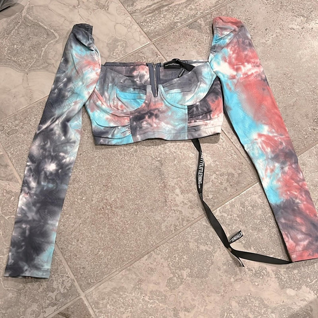 NWT PLT Purple Tie Dye Printed Cup Ruched Crop Top, Size 4 New w/Tag Retail $75