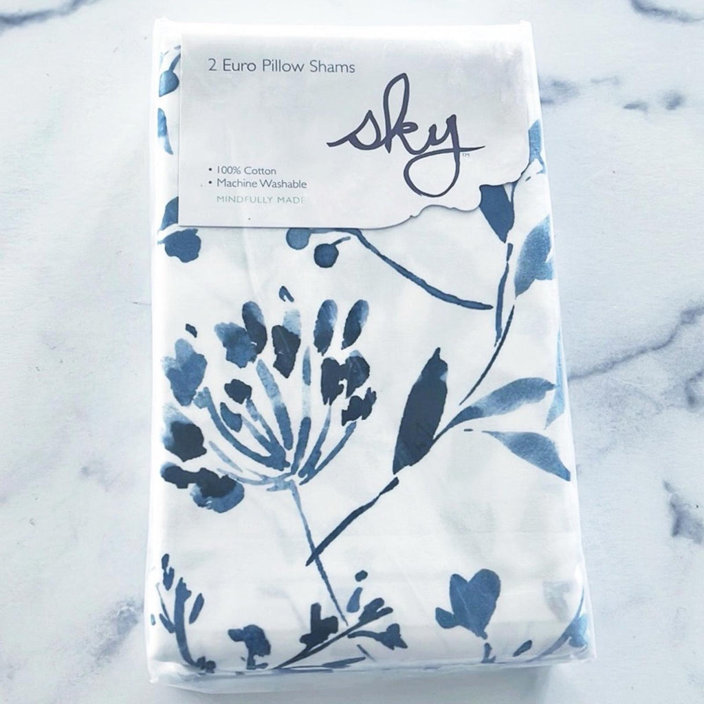 2 SKY Gracie Euro Shams in White & Blue, New in Box