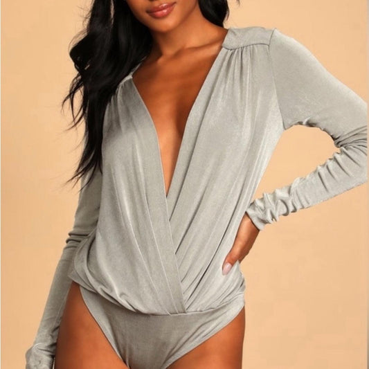 Free People Sateen Oxide Thong Bodysuit, Silver Grey Size L New w/Tag