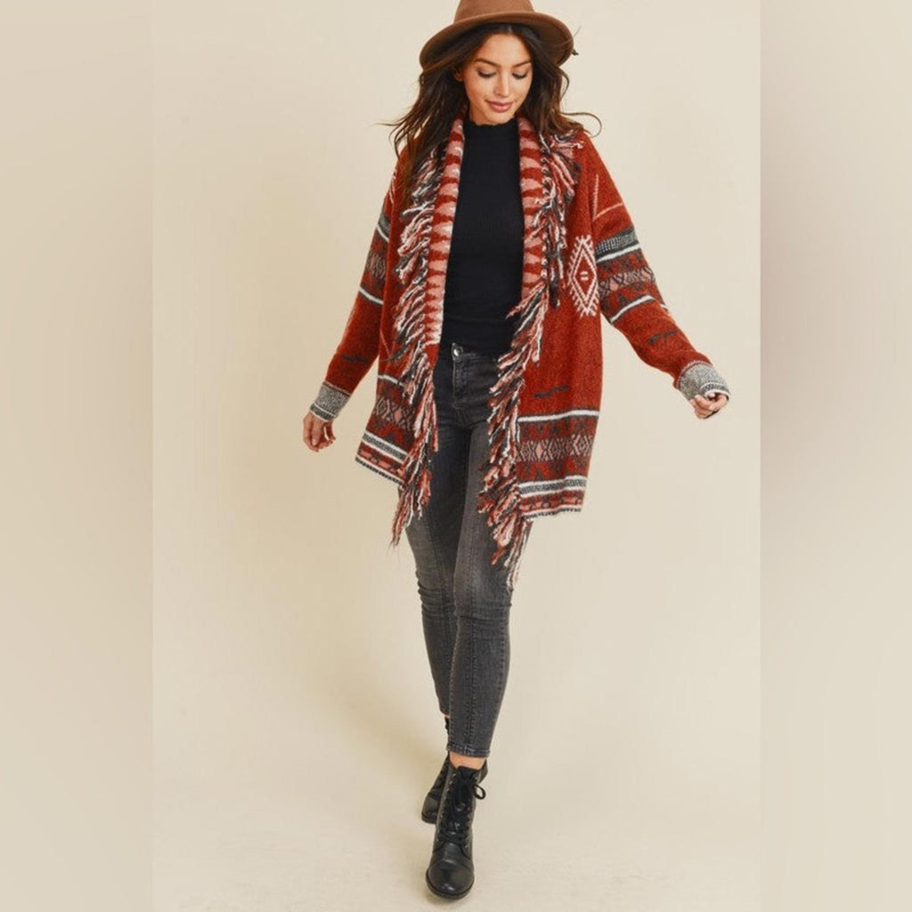 Doe & Rae Aztec Open Front Fringe Cardigan Sweater Brown Multi Size L EXCELLENT!