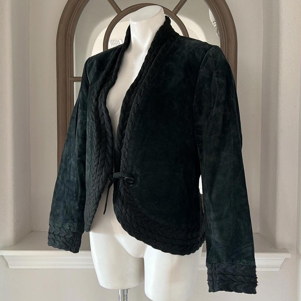 Coldwater Creek Black Suede Leather Jacket Cable Knit, Size M EXCELLENT!