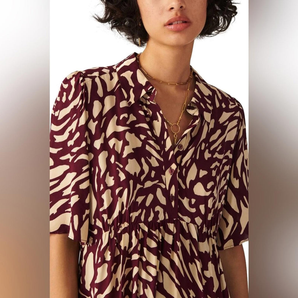 NEW ba&sh Groove Graphic Print Shirt Dress, Bordeaux Size 3/L Retail $295