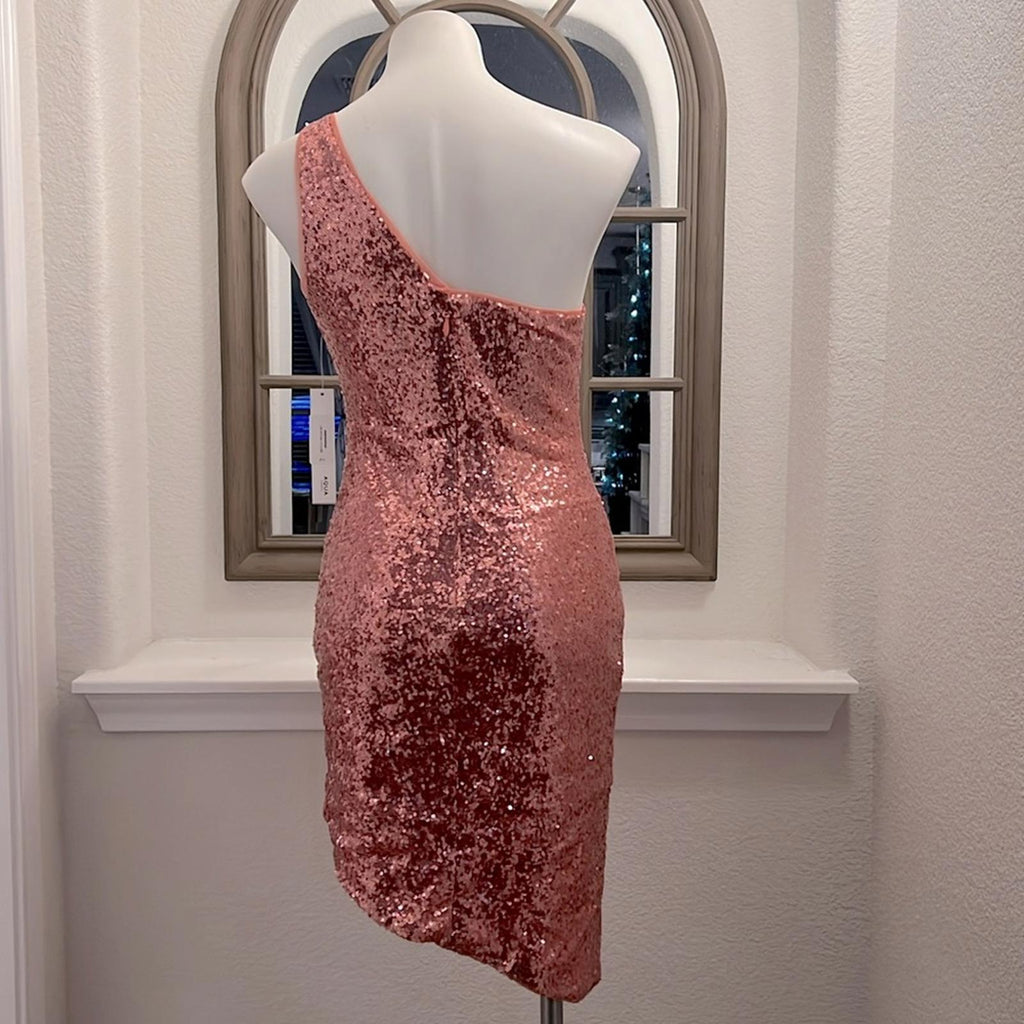 Bloomingdale’s Aqua Asymmetrical Sequined Dress, One Shoulder in Pink Size S NWT