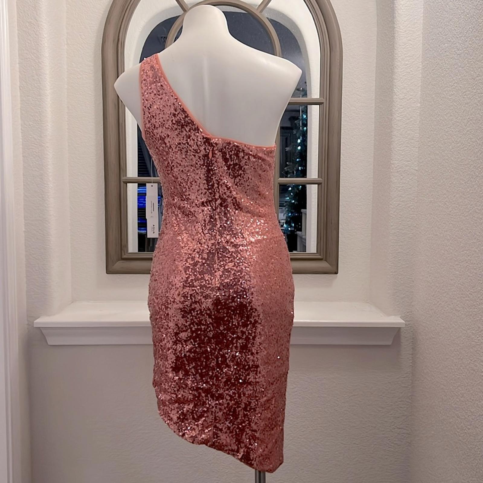 Bloomingdale’s Aqua Asymmetrical Sequined Dress, One Shoulder in Pink Size S NWT