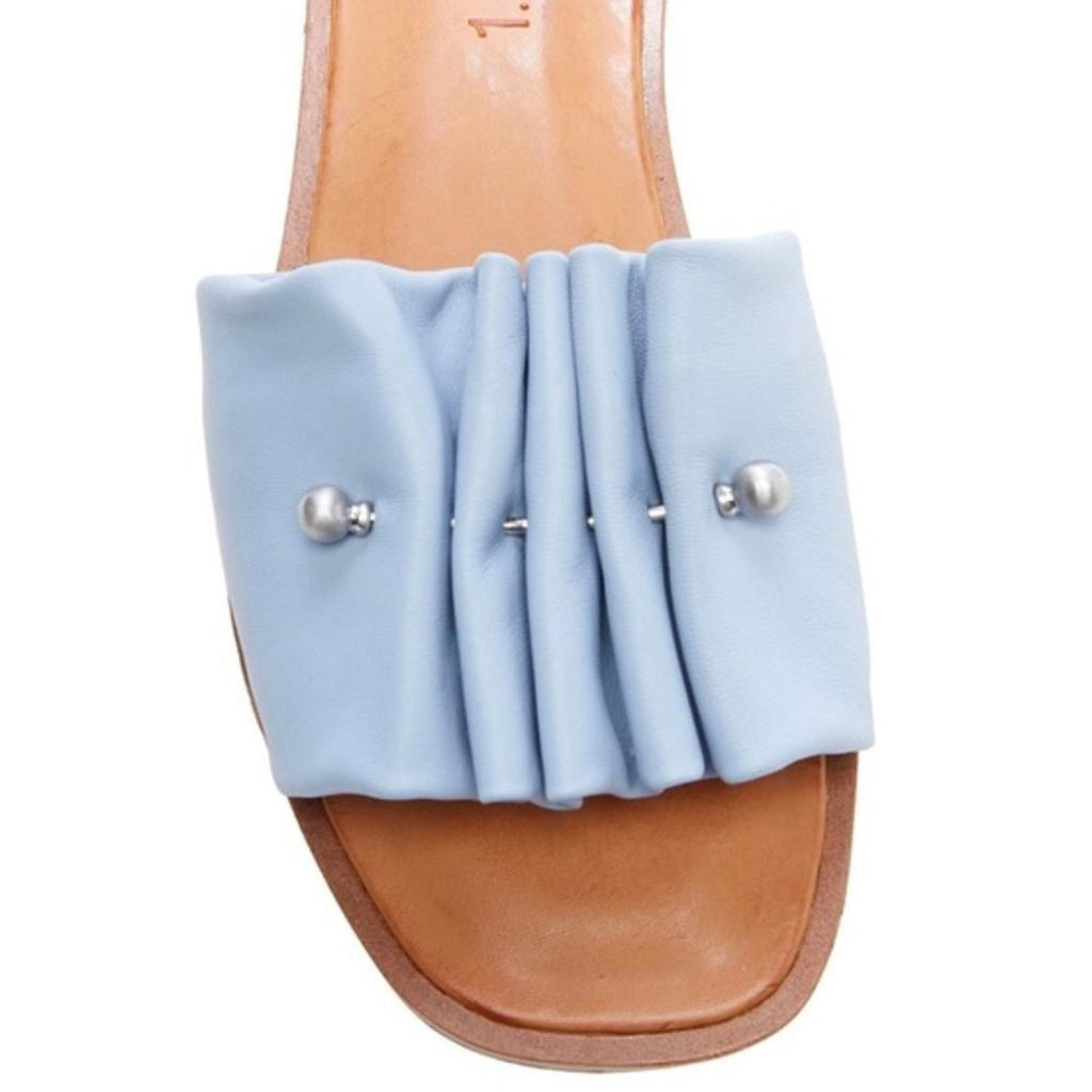 1.State Blue Fann Ruched Leather Slide Sandals, Size 7.5 New in Box