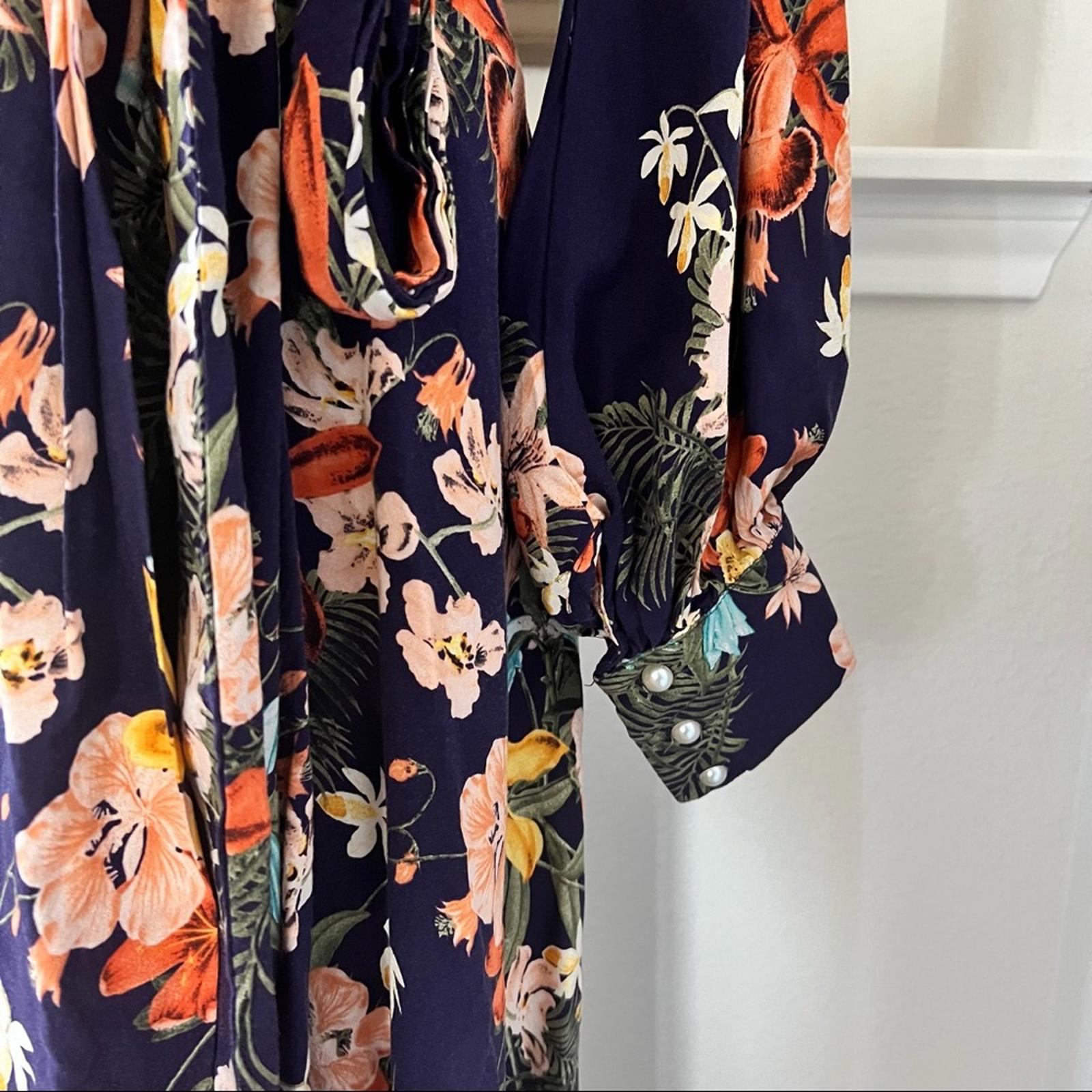 Meghan LA Floral Maxi Dress Navy Lilypad Split Neck Size XL EXCELLENT! $399