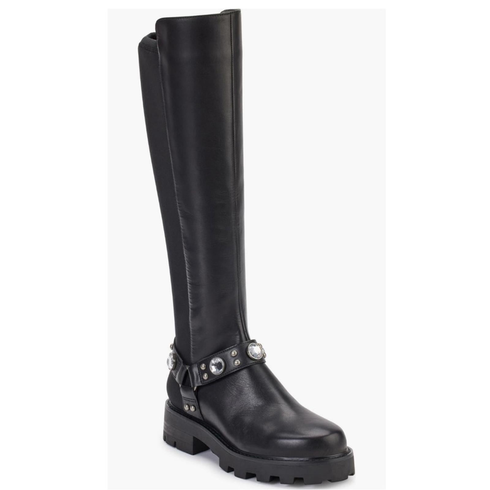 Karl Lagerfeld Milla Tall Leather Lug Sole Riding Boots in Black, Size 8 NEW