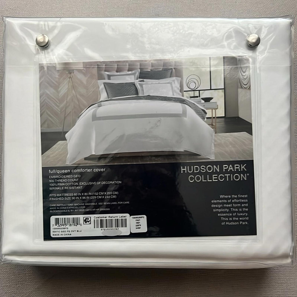 Hudson Park Collection Blue 500TC Embroidered Geo Duvet Cover, Queen NWT $330