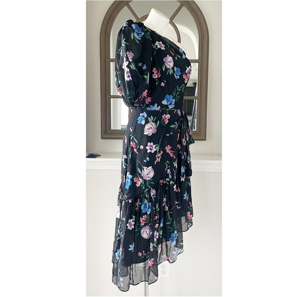 Shoshanna Midnight Gia One Shoulder Silk Floral Dress, Black Size 8 Retail $595