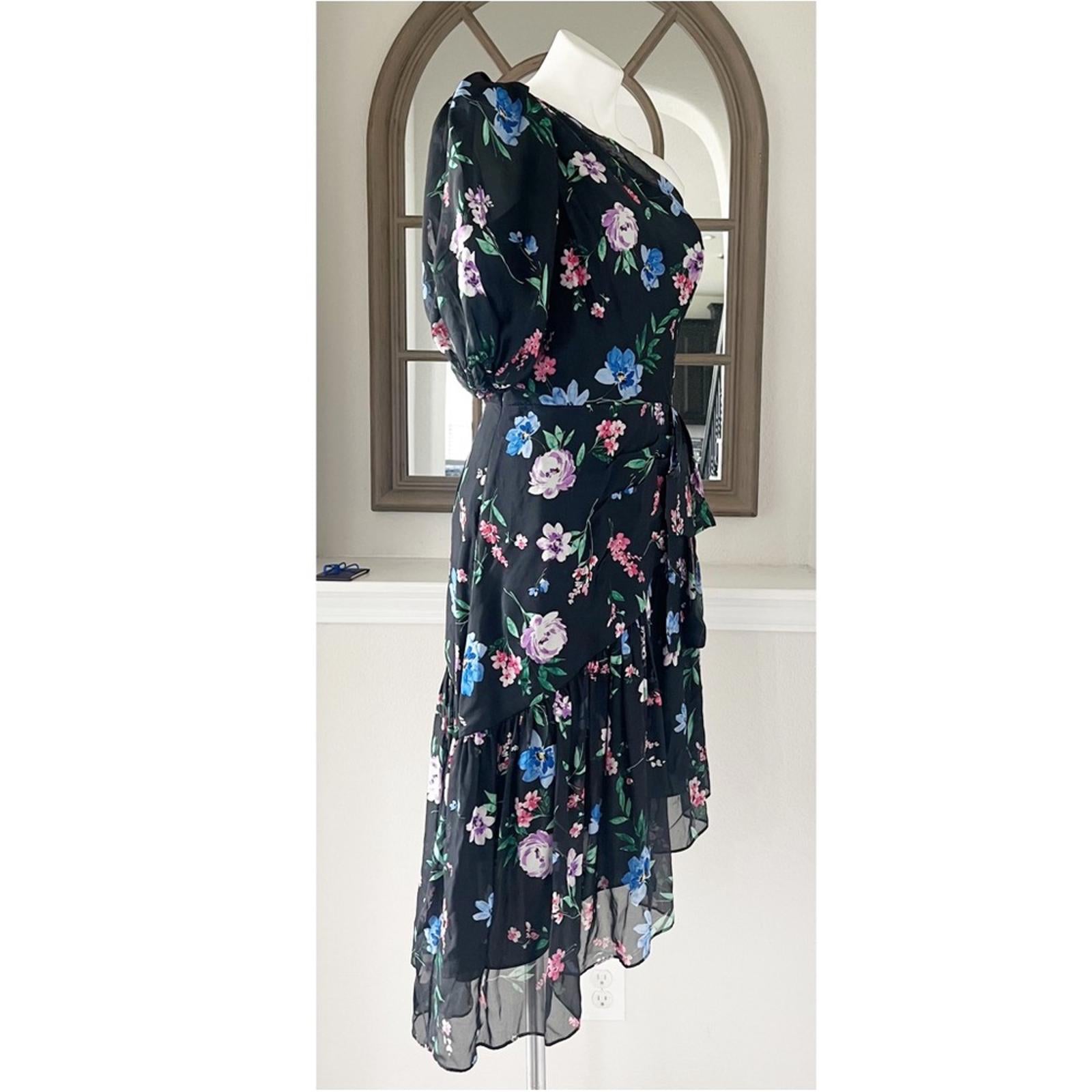 Shoshanna Midnight Gia One Shoulder Silk Floral Dress, Black Size 8 Retail $595