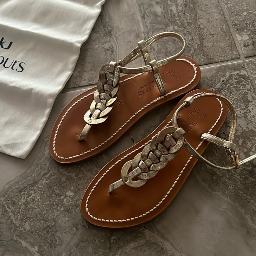 K.Jacques Lemovis Woven Strap Thong Sandals, Champagne Size 36 New + DustBag