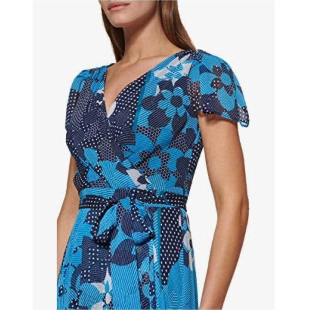 DKNY Faux Wrap Midi Dress in Blue Multi, NWT, Size 14