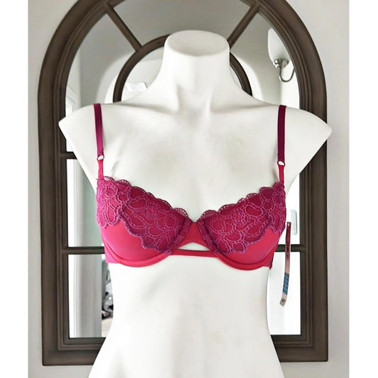 New DKNY Superior Lace Balconette Bra in Red, Size 32C New w/Tag Retail $40