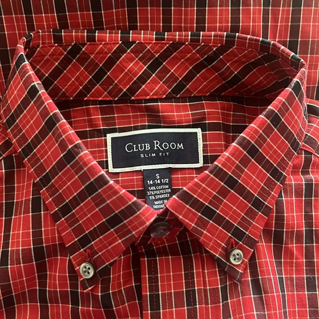 Club Room Men's Slim Fit Plaid Dress Shirt in Red/Black, NWT, Size S